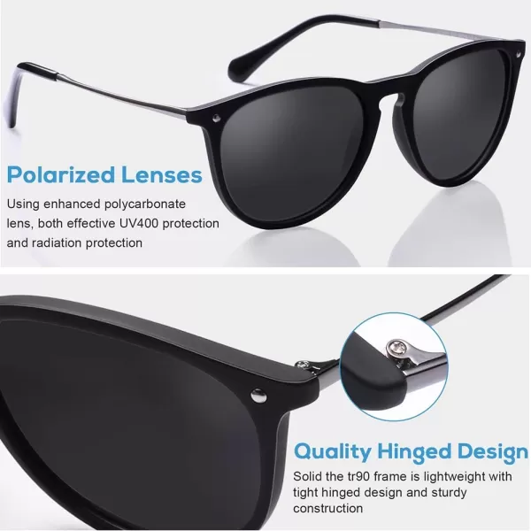 CARFIA Trendy Sunglasses for Women Polarized UV Protection Classic Retro Style CA51003 Grey Lens Black Frame