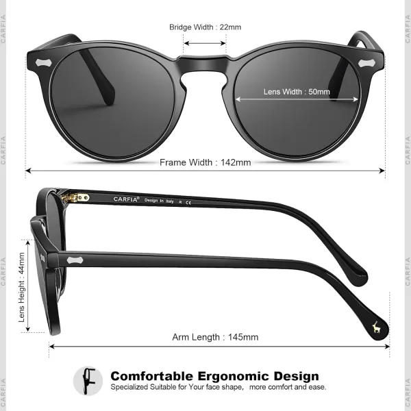 CARFIA Vintage Polarized Sunglasses for Men UV400 Protection Retro Fashion Eyewear Handcrafted Acetate Frame CA5288LR1 Grey Lens Black Frame Hexagonal Nail