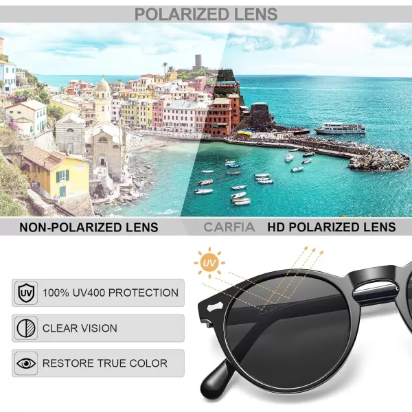 CARFIA Vintage Polarized Sunglasses for Men UV400 Protection Retro Fashion Eyewear Handcrafted Acetate Frame CA5288LR1 Grey Lens Black Frame Hexagonal Nail