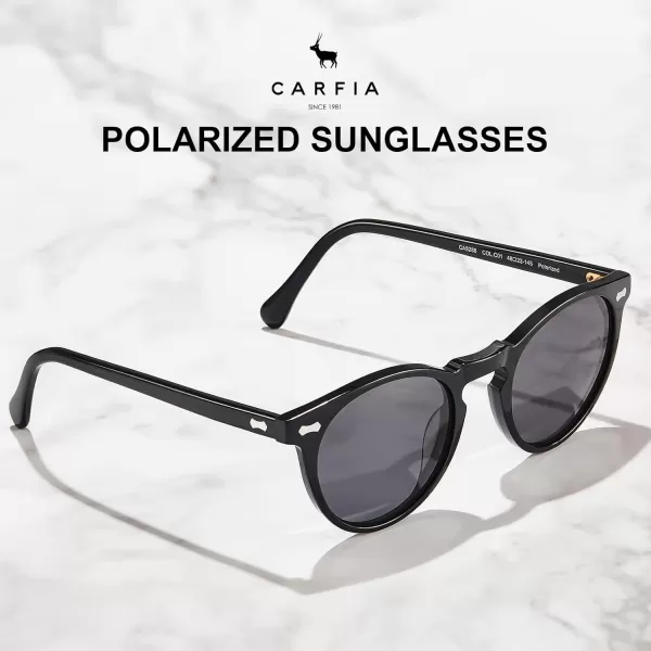 CARFIA Vintage Polarized Sunglasses for Men UV400 Protection Retro Fashion Eyewear Handcrafted Acetate Frame CA5288LR1 Grey Lens Black Frame Hexagonal Nail