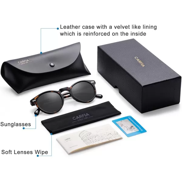 CARFIA Vintage Polarized Sunglasses for Men UV400 Protection Retro Fashion Eyewear Handcrafted Acetate Frame CA5288LR2 Grey Lens Tortoise Frame