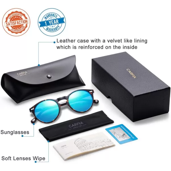CARFIA Vintage Polarized Sunglasses for Men UV400 Protection Retro Fashion Eyewear Handcrafted Acetate Frame CA5288LR5 Ice Blue Mirror Tortoise Frame