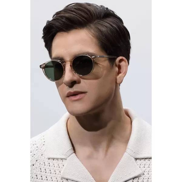 CARFIA Vintage Polarized Sunglasses for Men UV400 Protection Retro Fashion Eyewear Handcrafted Acetate Frame CA5288LR6 Clear Brown Frame Green Lens