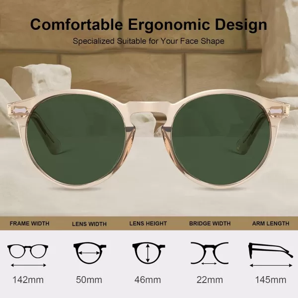 CARFIA Vintage Polarized Sunglasses for Men UV400 Protection Retro Fashion Eyewear Handcrafted Acetate Frame CA5288LR6 Clear Brown Frame Green Lens