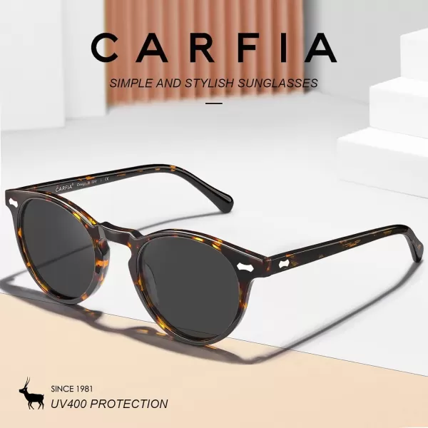 CARFIA Vintage Round Acetate Polarized Sunglasses for Women UV Protection CA52881 Grey Lens Tortoise Frame