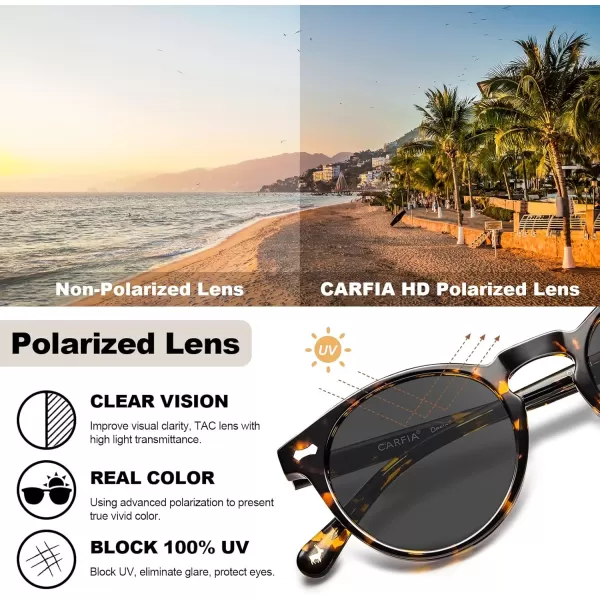 CARFIA Vintage Round Acetate Polarized Sunglasses for Women UV Protection CA52881 Grey Lens Tortoise Frame