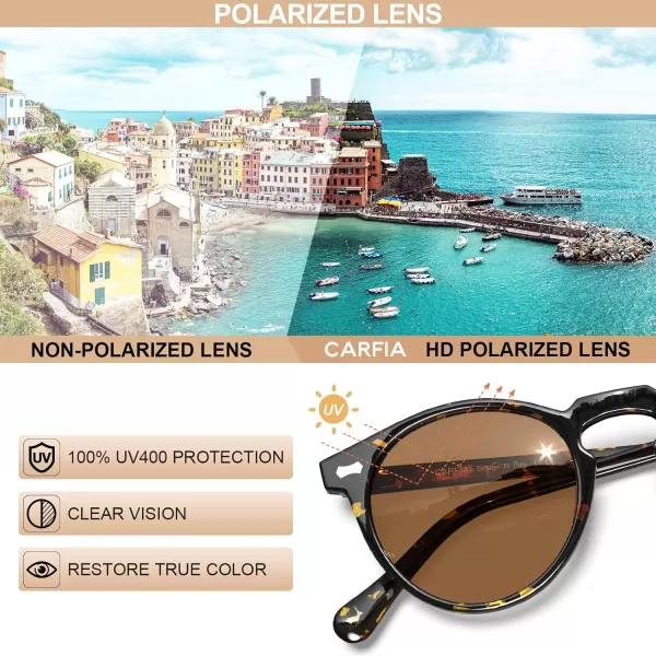 CARFIA Vintage Round Acetate Polarized Sunglasses for Women UV Protection CA52882 Brown Lens Tortoise Frame