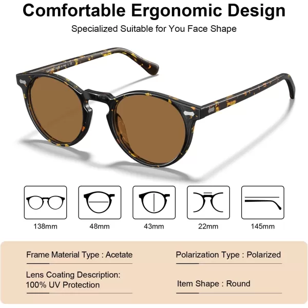 CARFIA Vintage Round Acetate Polarized Sunglasses for Women UV Protection CA52882 Brown Lens Tortoise Frame