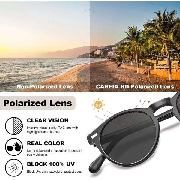 CARFIA Vintage Round Acetate Polarized Sunglasses for Women UV Protection CA52883 Grey Lens Black Frame