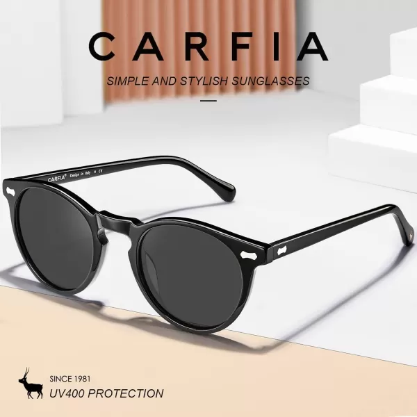 CARFIA Vintage Round Acetate Polarized Sunglasses for Women UV Protection CA52883 Grey Lens Black Frame