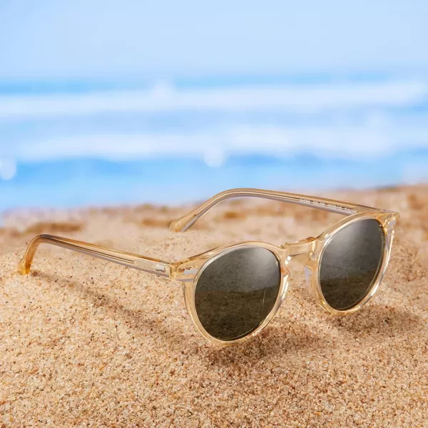 CARFIA Vintage Round Acetate Polarized Sunglasses for Women UV Protection CA52884 Grey Green Lens