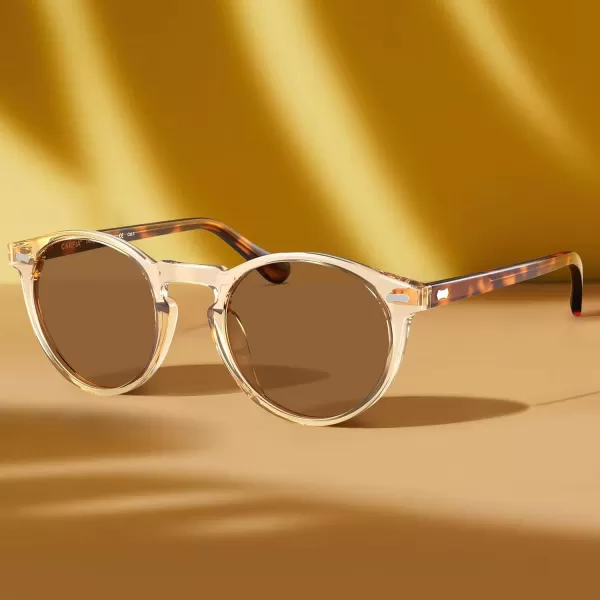 CARFIA Vintage Round Acetate Polarized Sunglasses for Women UV Protection CA52886 Brown Lens Brown Frame