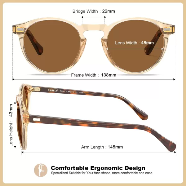 CARFIA Vintage Round Acetate Polarized Sunglasses for Women UV Protection CA52886 Brown Lens Brown Frame