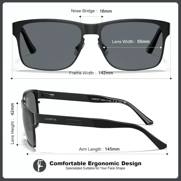 CARFIA Wide Spring Flexible Mens Sunglasses Polarized UV400 Classic Driving Metal Glasses CA5229Matte Black Frame Grey Lens