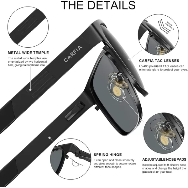CARFIA Wide Spring Flexible Mens Sunglasses Polarized UV400 Classic Driving Metal Glasses CA5229Matte Black Frame Grey Lens