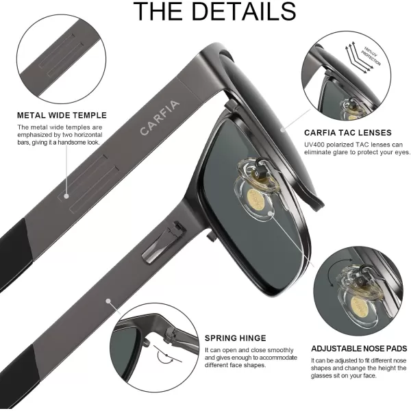 CARFIA Wide Spring Flexible Mens Sunglasses Polarized UV400 Classic Driving Metal Glasses CA5229Matte Gun Frame Grey Lens