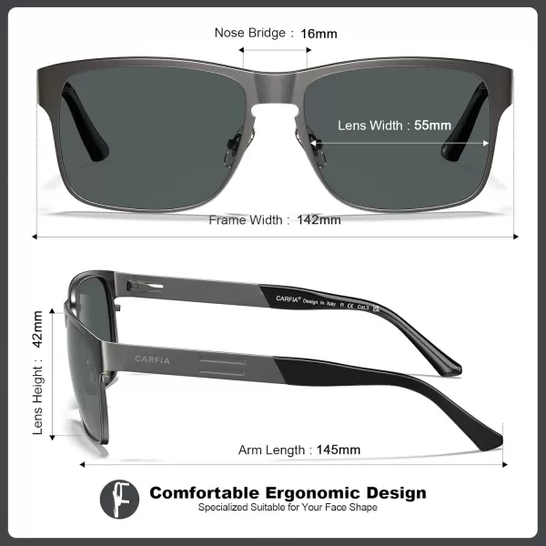 CARFIA Wide Spring Flexible Mens Sunglasses Polarized UV400 Classic Driving Metal Glasses CA5229Matte Gun Frame Grey Lens