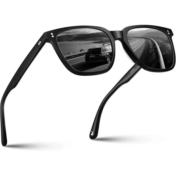 CARFIA Acetate Polarized Sunglasses for Men UV400 Protection Classic Retro Square Shades Driving Glasses2 Black Frame Grey Lens