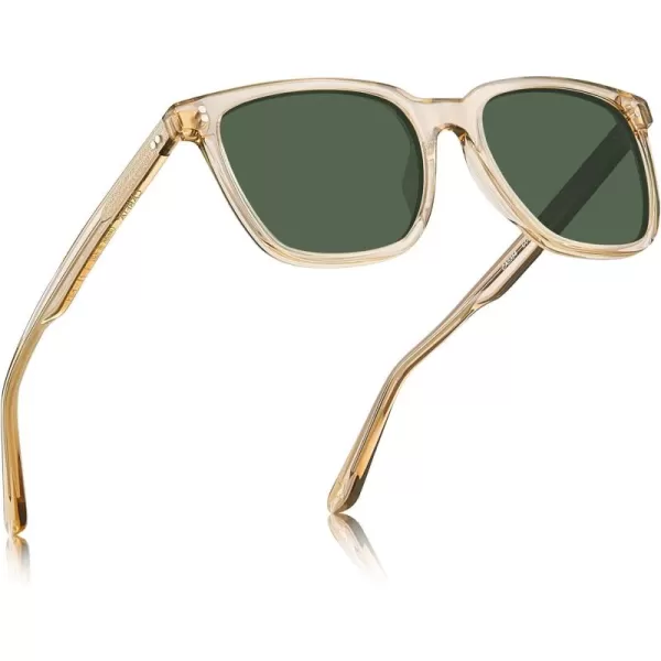 CARFIA Acetate Polarized Sunglasses for Men UV400 Protection Classic Retro Square Shades Driving Glasses7 Transparent Yellow Frame Grenn Lens