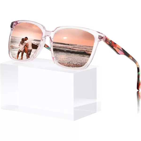 CARFIA Acetate Polarized Sunglasses for Women Big Face Fashion Retro Sunnies CA55053 Clear Pink Frame Pink Mirror