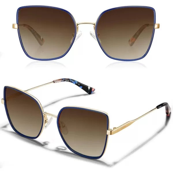 CARFIA Fashion Metal Sunglasses for Women Polarized UV Sun Protection Nickelfree Plating Frame CA5383Blue Frame Brown Gradient Lens