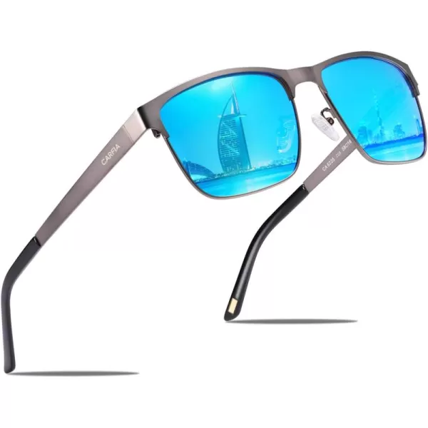 CARFIA Metal Mens Sunglasses Polarized UV400 Protection for Driving Fishing Hiking Golf Everyday Use CA5225A4 Gun Frame Iceblue Mirror