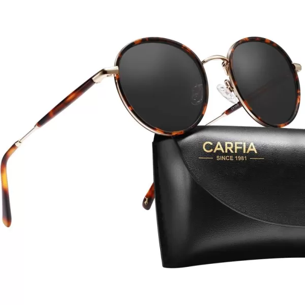 CARFIA Retro Small Round Polarized Womens Sunglasses UV Protection Trendy Vintage Stylish Designer Sunglasses CA1949B Metal  Tortoise Frame  Grey Lens