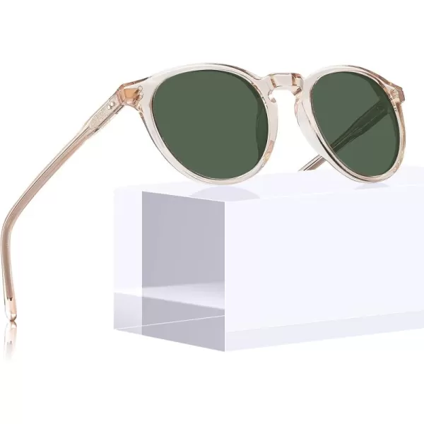 CARFIA Round Polarized Sunglasses for Women Small Face UV Protection Acetate Frame Classic Retro Style CA23022 Transparent Yellow Frame Green Lens