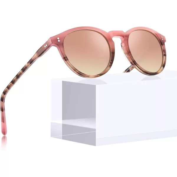 CARFIA Round Polarized Sunglasses for Women Small Face UV Protection Acetate Frame Classic Retro Style CA23025 Pink Mirror