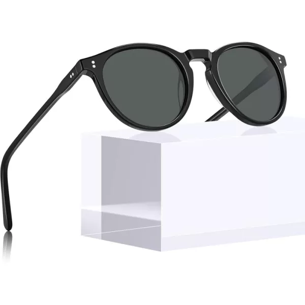 CARFIA Round Polarized Sunglasses for Women Small Face UV Protection Acetate Frame Classic Retro Style CA23026 Black Frame Grey Lens