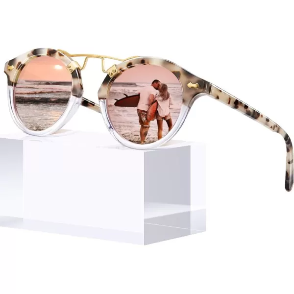 CARFIA Small Pink Mirrored Polarized Sunglasses for Women UV Protection Acetate Eyewear Double Bridge Metal Brow Sunnies