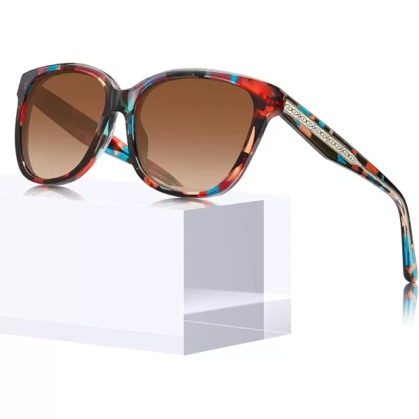 CARFIA Square Polarized Sunglasses for Women UV Protection Italian Design Retro Embossed Pattern Wire Core Driving Shades3 Red Stripe Frame Brown Lens