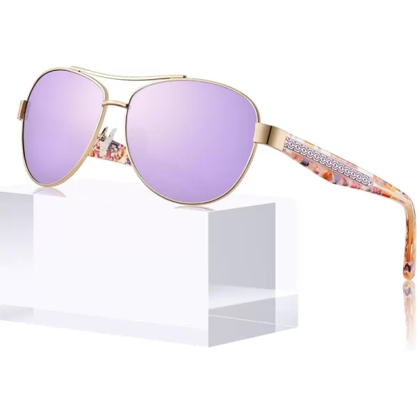 CARFIA Trendy Pilot Sunglasses for Women Polarized UV Protection Handcrafted Acetate Temples for Walking Driving CA23053purple Floral Temple  Purple Mirrored Lens