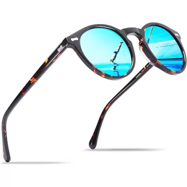 CARFIA Vintage Polarized Sunglasses for Men UV400 Protection Retro Fashion Eyewear Handcrafted Acetate Frame CA5288LR5 Ice Blue Mirror Tortoise Frame