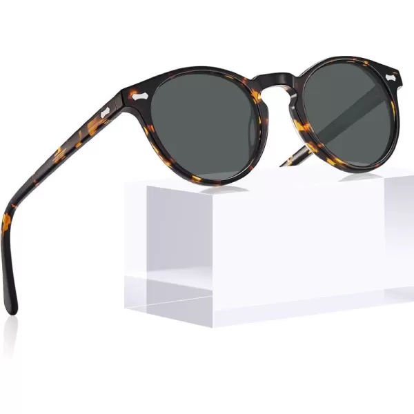 CARFIA Vintage Round Acetate Polarized Sunglasses for Women UV Protection CA52881 Grey Lens Tortoise Frame