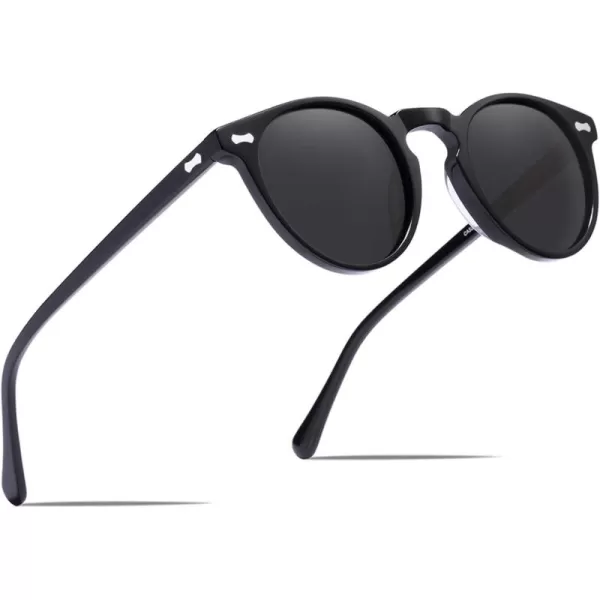 CARFIA Vintage Round Acetate Polarized Sunglasses for Women UV Protection CA52883 Grey Lens Black Frame