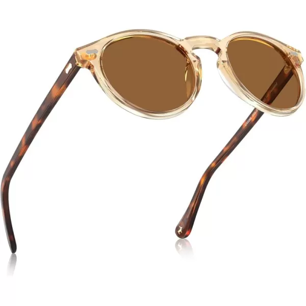 CARFIA Vintage Round Acetate Polarized Sunglasses for Women UV Protection CA52886 Brown Lens Brown Frame