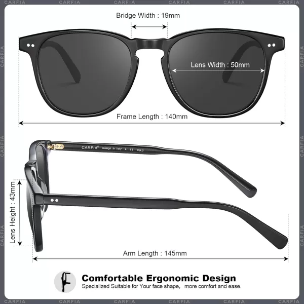 CARFIA Acetate Polarized Sunglasses for Men UV Protection HandCrafted Frame CA5285L3 Black Frame Grey Lens