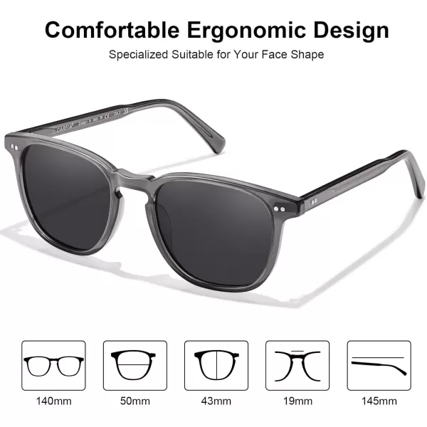 CARFIA Acetate Polarized Sunglasses for Men UV Protection HandCrafted Frame CA5285L4 Transparent Grey Frame Grey Lens
