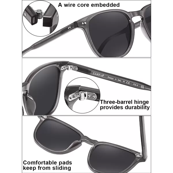 CARFIA Acetate Polarized Sunglasses for Men UV Protection HandCrafted Frame CA5285L4 Transparent Grey Frame Grey Lens