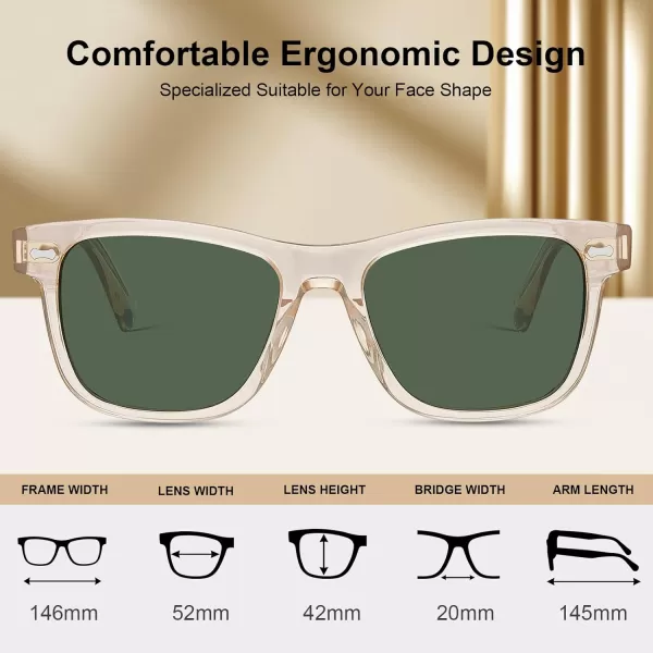 CARFIA Cool Acetate Polarized Sunglasses for Men Small Faces Trendy Retro Sun Glasses CA230112 Transparent Tea Frame Green Lens