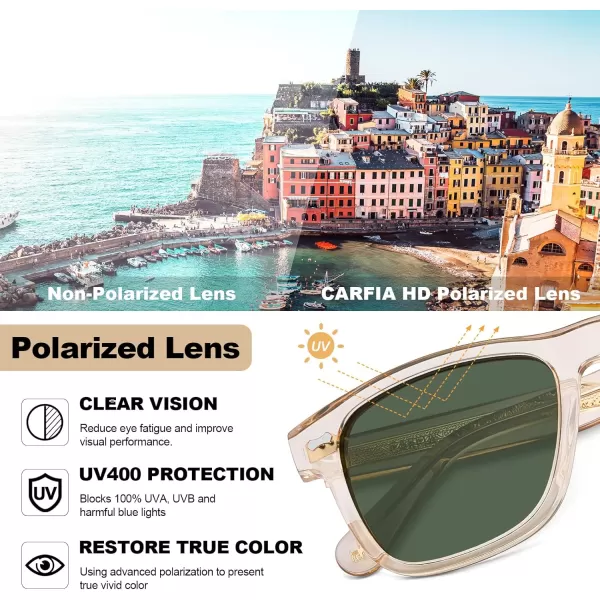 CARFIA Cool Acetate Polarized Sunglasses for Men Small Faces Trendy Retro Sun Glasses CA230112 Transparent Tea Frame Green Lens