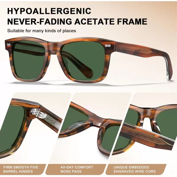 CARFIA Cool Acetate Polarized Sunglasses for Men Small Faces Trendy Retro Sun Glasses CA230121 Brown Striped Frame Green Lens