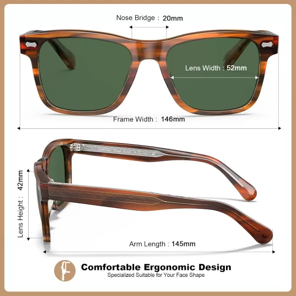 CARFIA Cool Acetate Polarized Sunglasses for Men Small Faces Trendy Retro Sun Glasses CA230121 Brown Striped Frame Green Lens