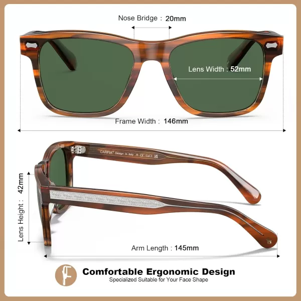 CARFIA Cool Acetate Polarized Sunglasses for Men Small Faces Trendy Retro Sun Glasses CA230122 Brown Striped Frame Green Lens