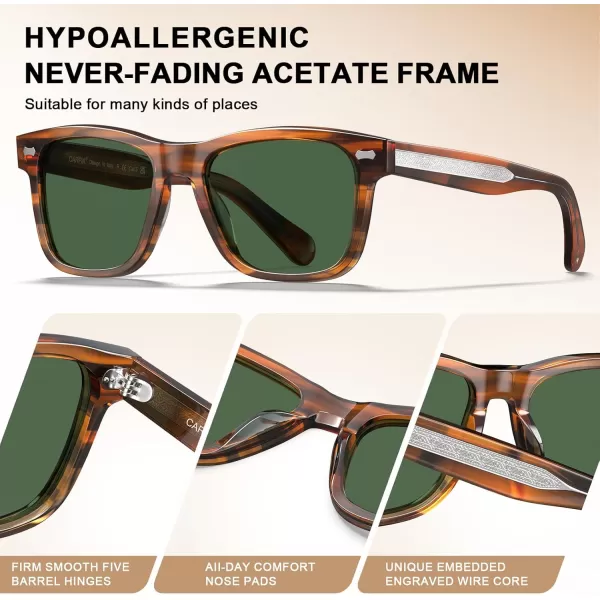 CARFIA Cool Acetate Polarized Sunglasses for Men Small Faces Trendy Retro Sun Glasses CA230122 Brown Striped Frame Green Lens