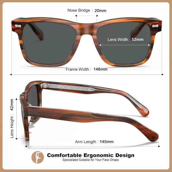 CARFIA Cool Acetate Polarized Sunglasses for Men Small Faces Trendy Retro Sun Glasses CA23013 Brown Striped Frame Grey Lens