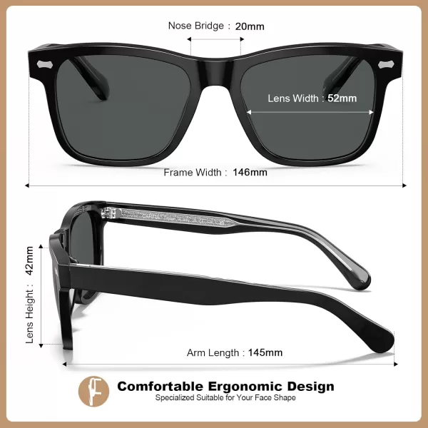 CARFIA Cool Acetate Polarized Sunglasses for Men Small Faces Trendy Retro Sun Glasses CA230141 Black Frame Grey Lens