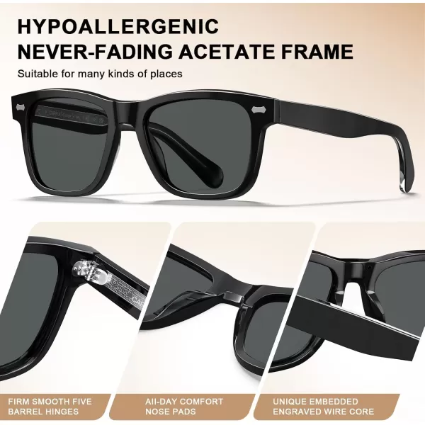CARFIA Cool Acetate Polarized Sunglasses for Men Small Faces Trendy Retro Sun Glasses CA230141 Black Frame Grey Lens
