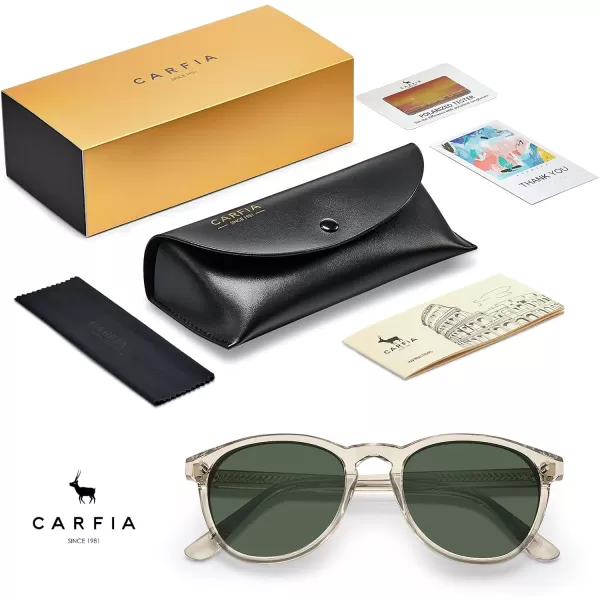 CARFIA Cool Polarized Sunglasses for Men Handcrafted Acetate Frame Trendy Retro Sun Glasses CA23071 Clear Tea Frame Green Lens